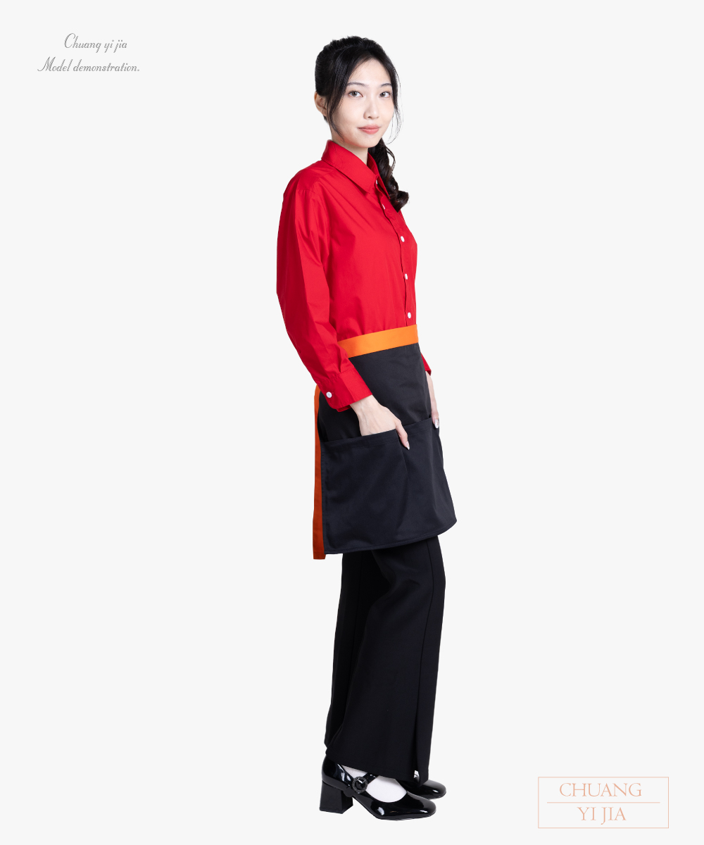 創e家團體服-半截圍裙 餐廳圍裙訂製圍裙-黑配桔-側面