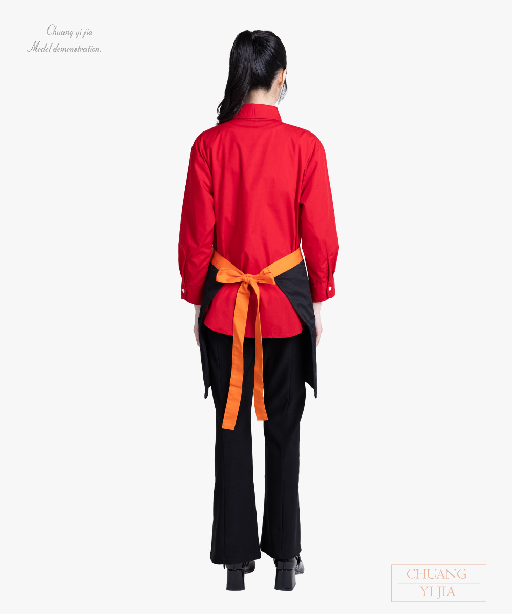 創e家團體服-半截圍裙 餐廳圍裙訂製圍裙-黑配桔-背面
