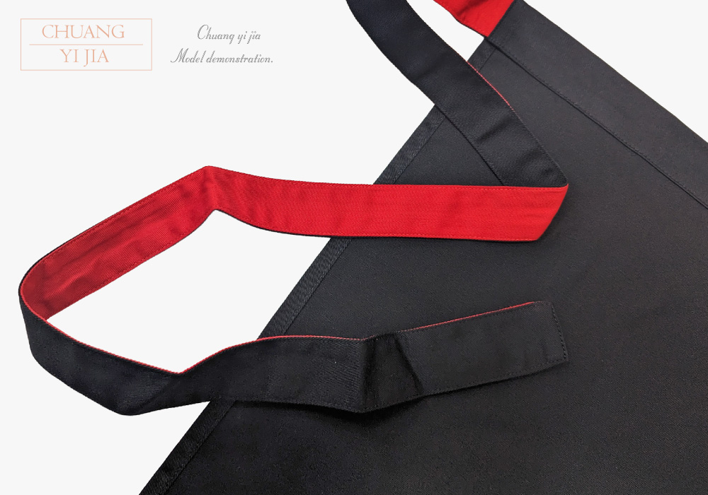 創e家團體服-半截圍裙 黑配紅｜造型口袋 雙色綁繩-綁繩