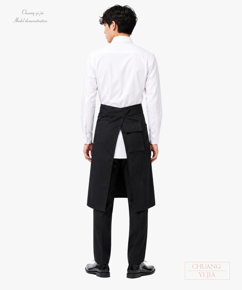 創意家團體服-餐廳半截工作圍裙|前綁帶 粗帶繩設計|條紋黑布 背面示意