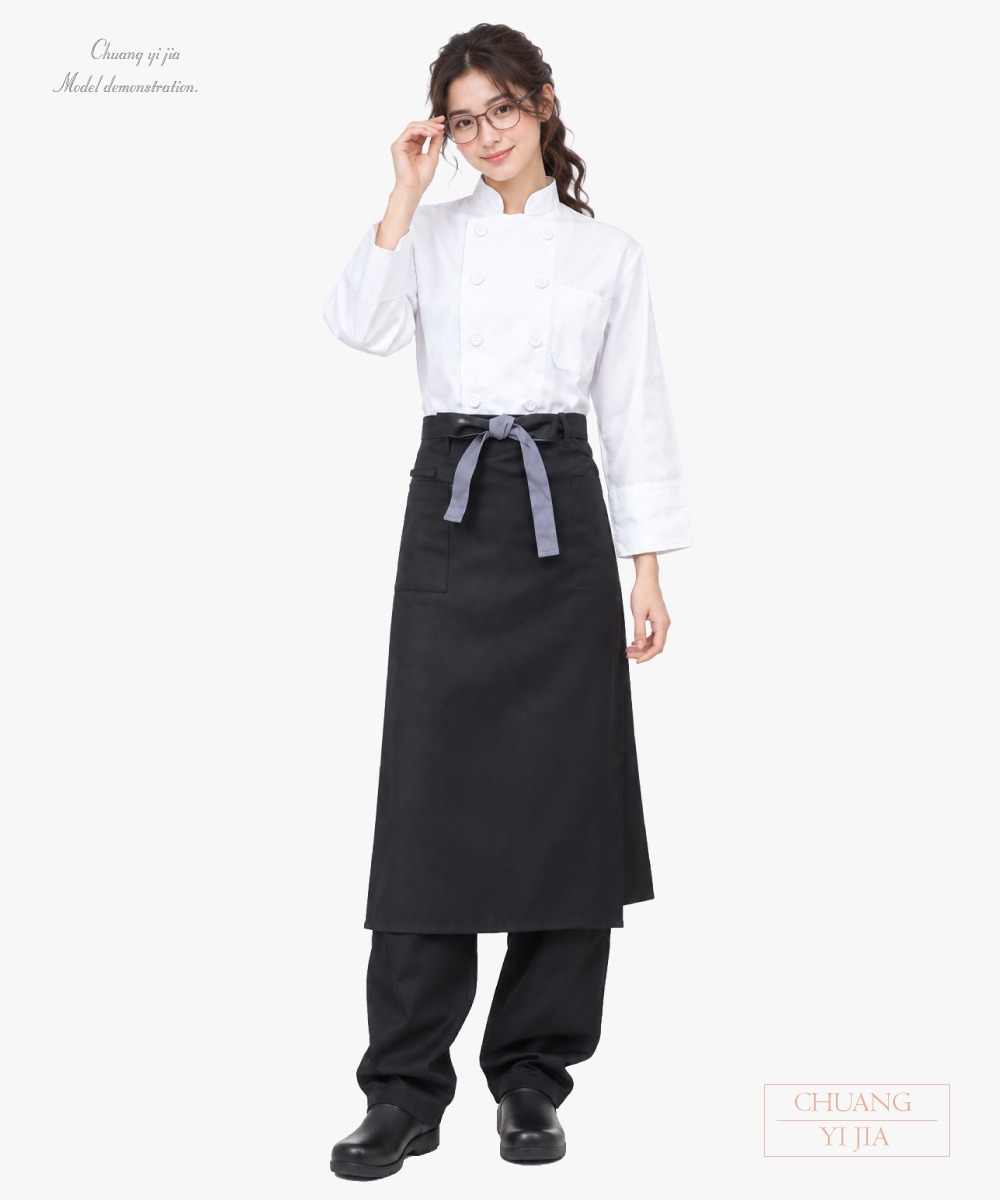 創意家團體服-長版半截工作圍裙｜雙口袋＋掛環-黑配灰 正面示意