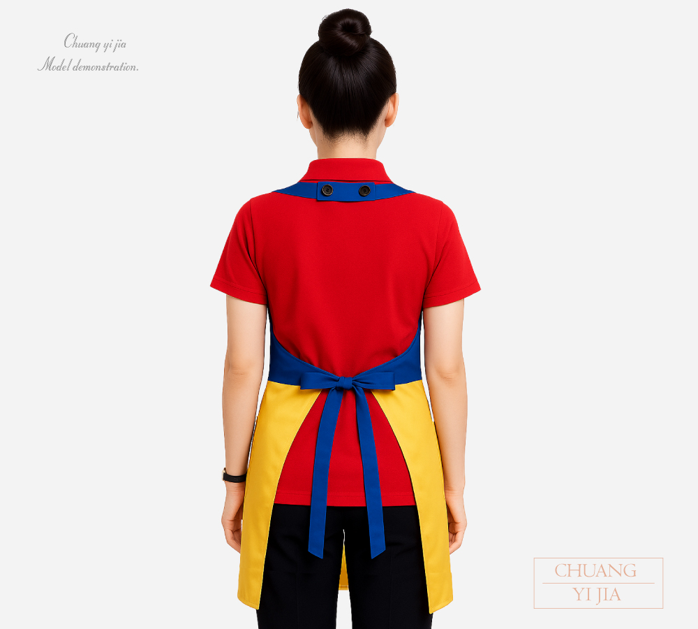 創意家團體服MIT訂製-拚色造型圍裙|繞頸圍裙訂製-寶藍配黃-背面
