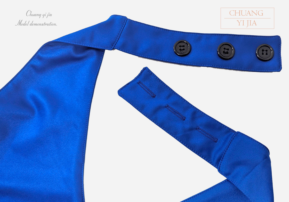 創意家團體服MIT訂製-拚色造型圍裙|繞頸圍裙訂製-寶藍配黃-頸帶調整釦