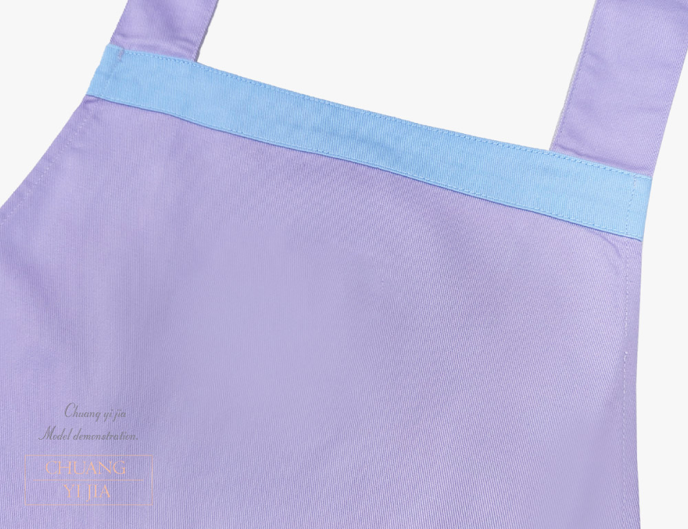 創意家團體服MIT訂製-保姆圍裙|荷葉邊圍裙訂製-粉紫配水藍-前領