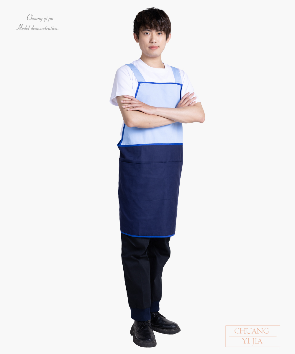 創e家團體服-客製化圍兜/圍裙訂製 水藍配丈青-側面
