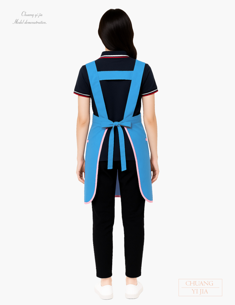 創e家團體服-幼教老師圍裙訂製圍裙-藍 背面