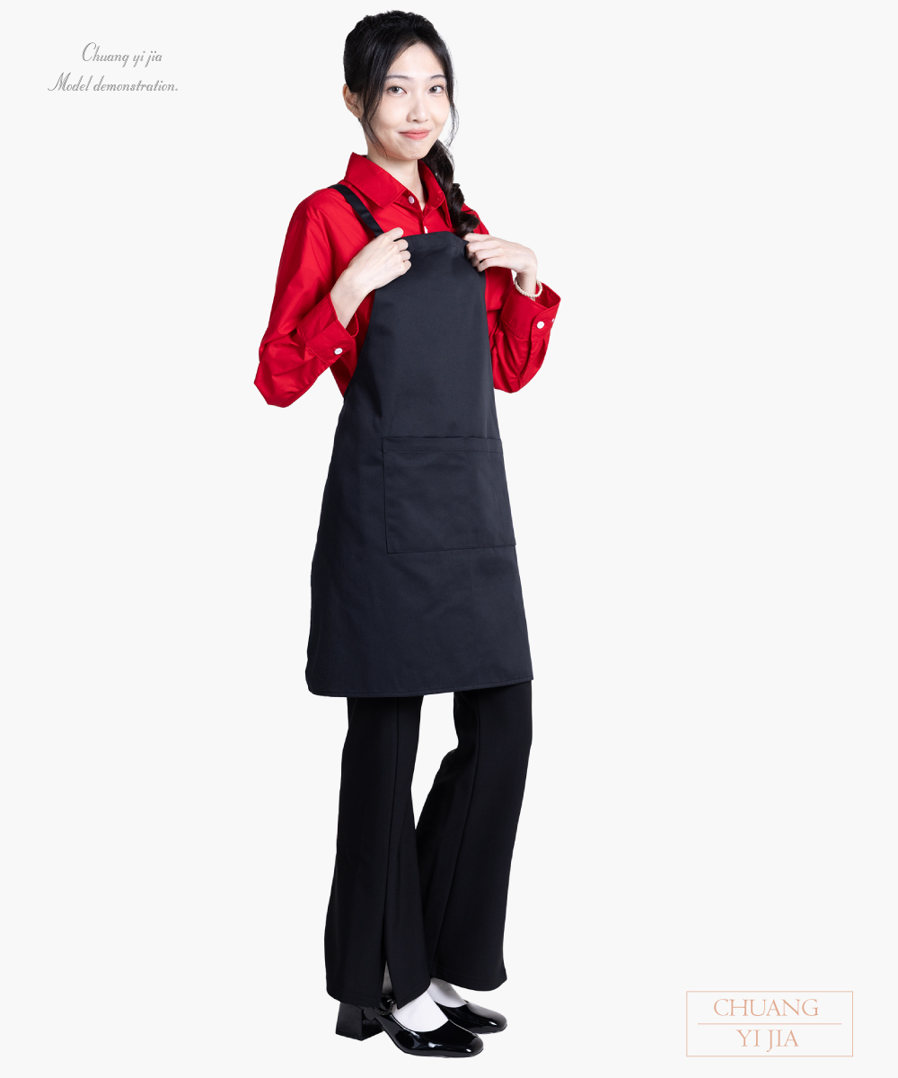 創e家團體服-便當店圍裙交叉式圍裙訂製-黑-側面