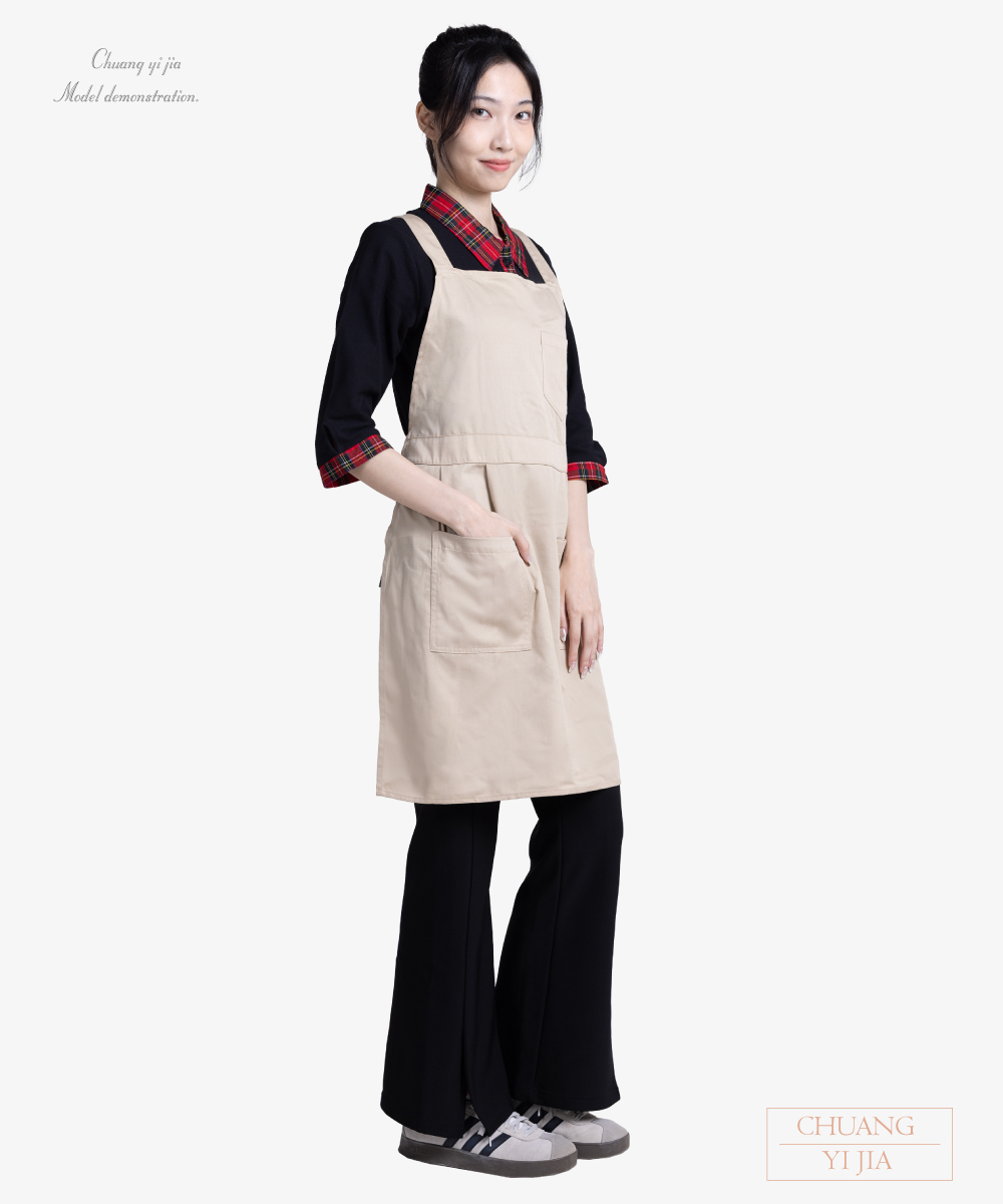 創e家團體服-工作圍裙 交叉式圍裙訂製-卡其-側面