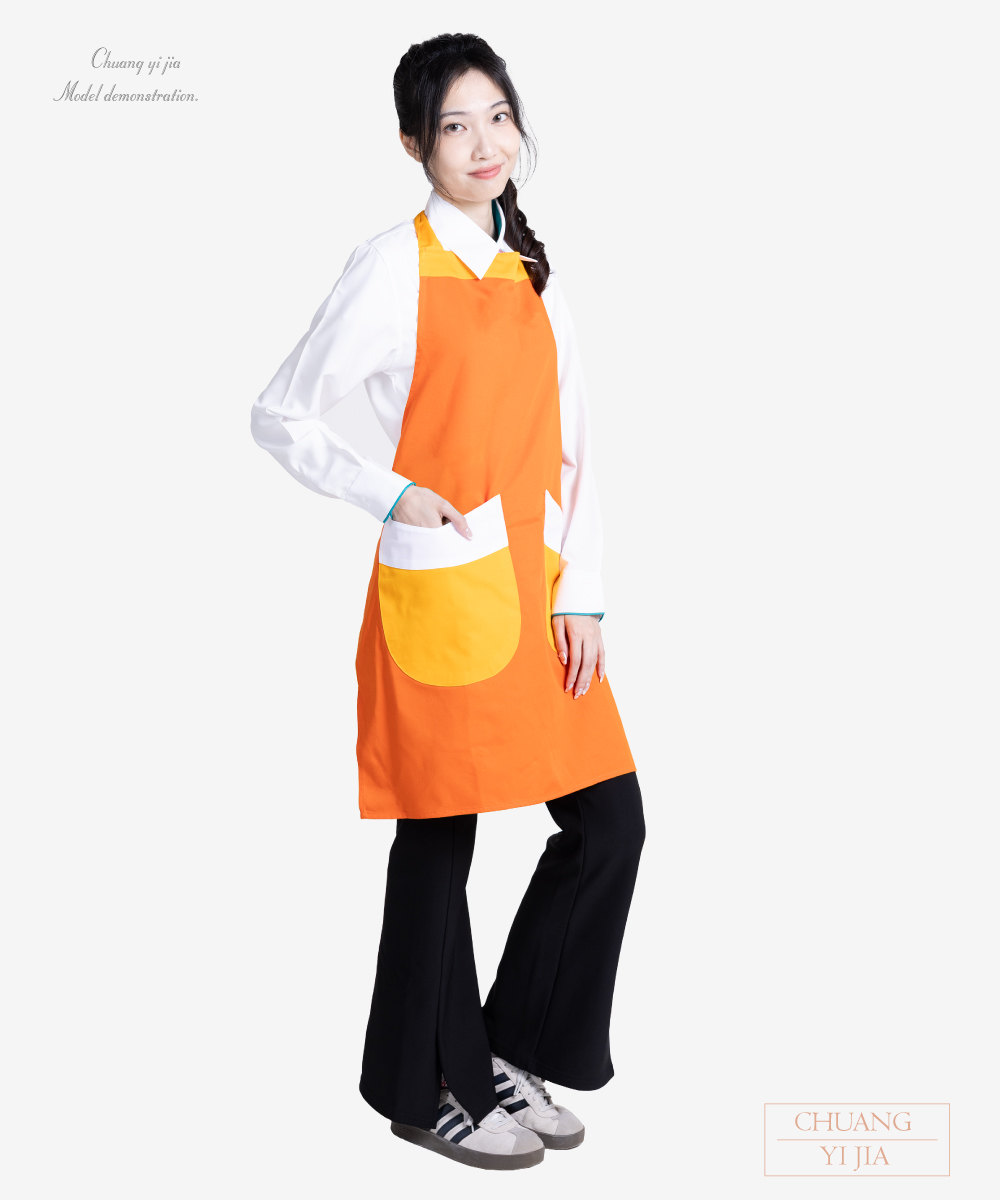 創e家團體服-幼保圍裙 交叉式圍裙訂製-橘配黃白-側面