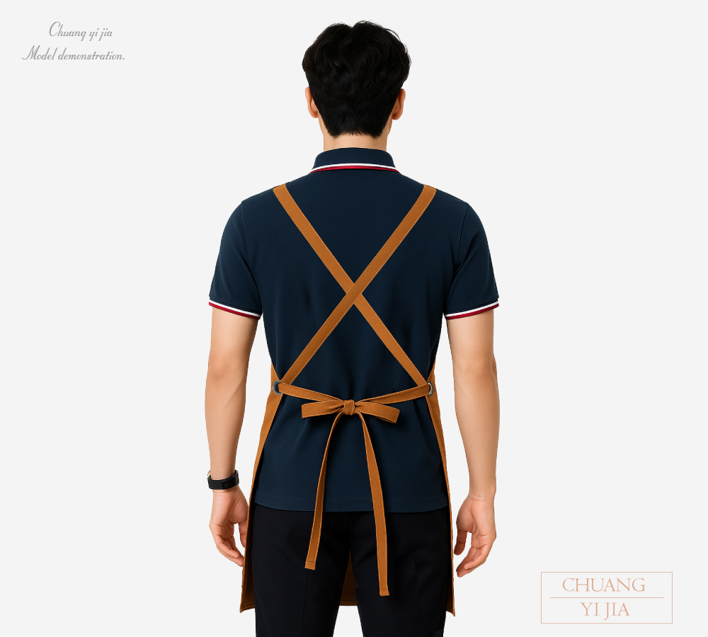 創意家團體服MIT訂製-職人圍裙-交叉式圍裙訂製-褐色配卡其-背面