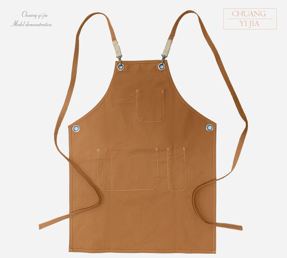 創意家團體服MIT訂製-職人圍裙-交叉式圍裙訂製-褐色配卡其-背面平拍