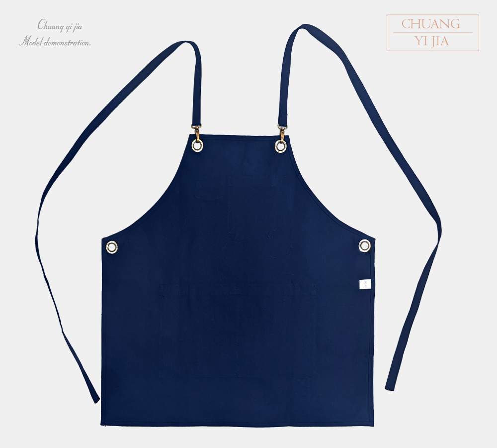 創意家團體服MIT訂製-賣場工作圍裙-交叉式圍裙訂製-丈青配卡其-背面平拍