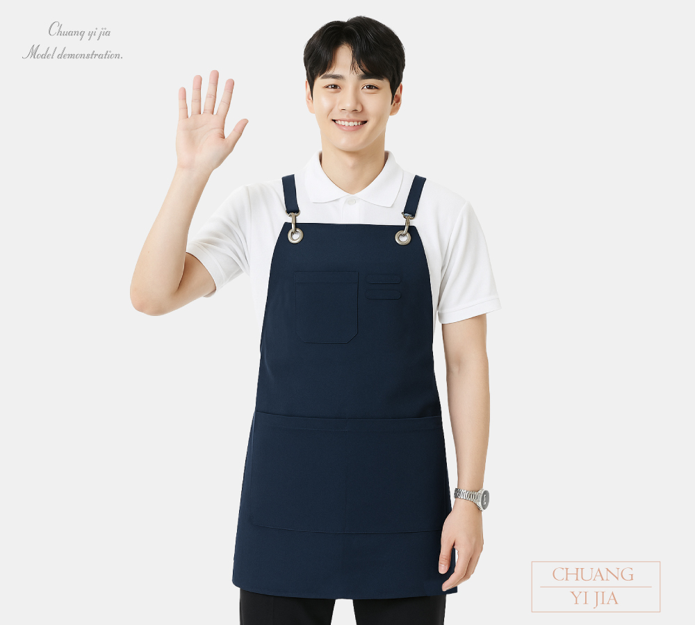 創意家團體服MIT訂製-賣場工作圍裙-交叉式圍裙訂製-丈青-正面