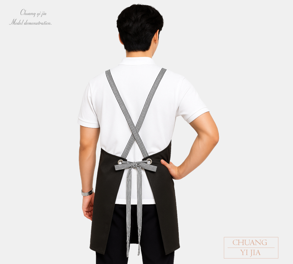  創意家團體服MIT訂製-連身圍裙-交叉式圍裙訂製-黑配條紋織帶-背面