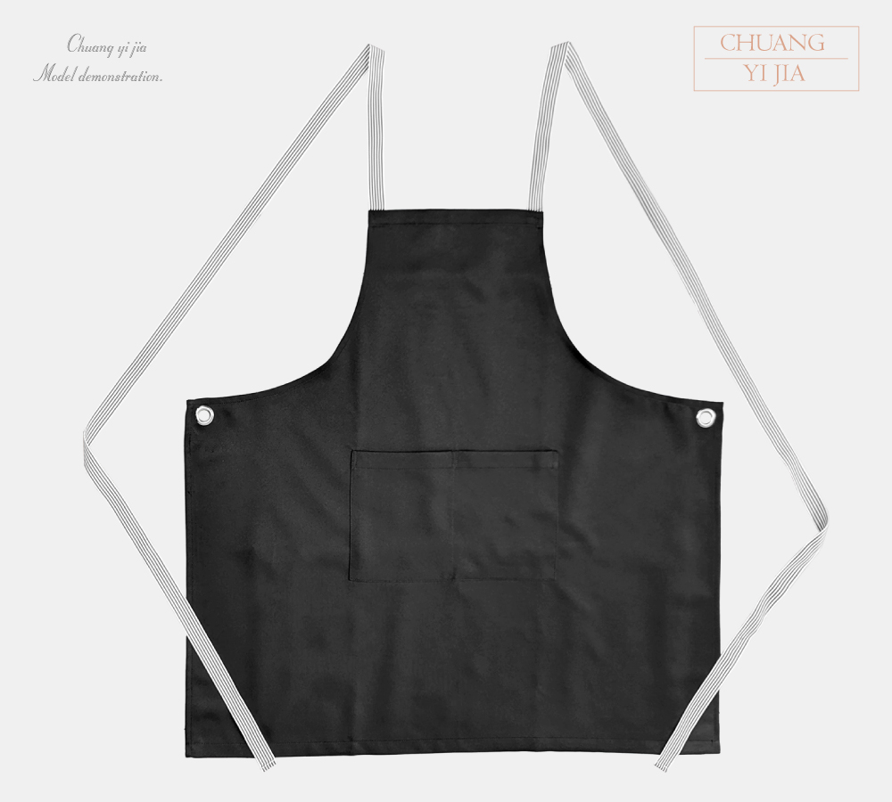  創意家團體服MIT訂製-連身圍裙-交叉式圍裙訂製-黑配條紋織帶-正面平拍