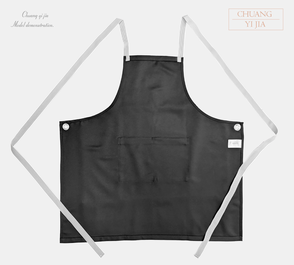  創意家團體服MIT訂製-連身圍裙-交叉式圍裙訂製-黑配條紋織帶-反面平拍