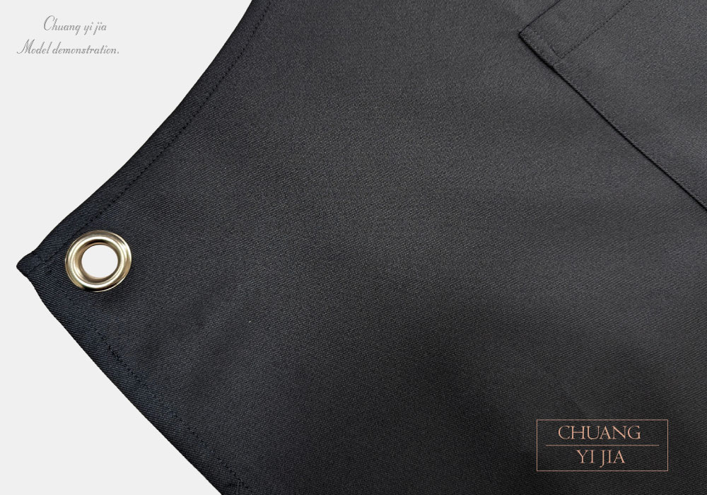  創意家團體服MIT訂製-連身圍裙-交叉式圍裙訂製-黑配條紋織帶-綁繩金屬環扣