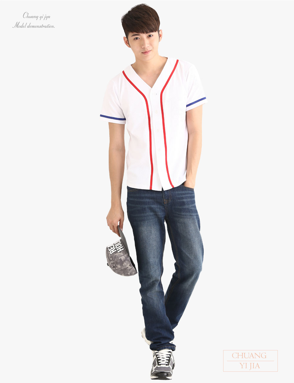 創e家團體服-棒球服訂製-白配寶藍紅  正面