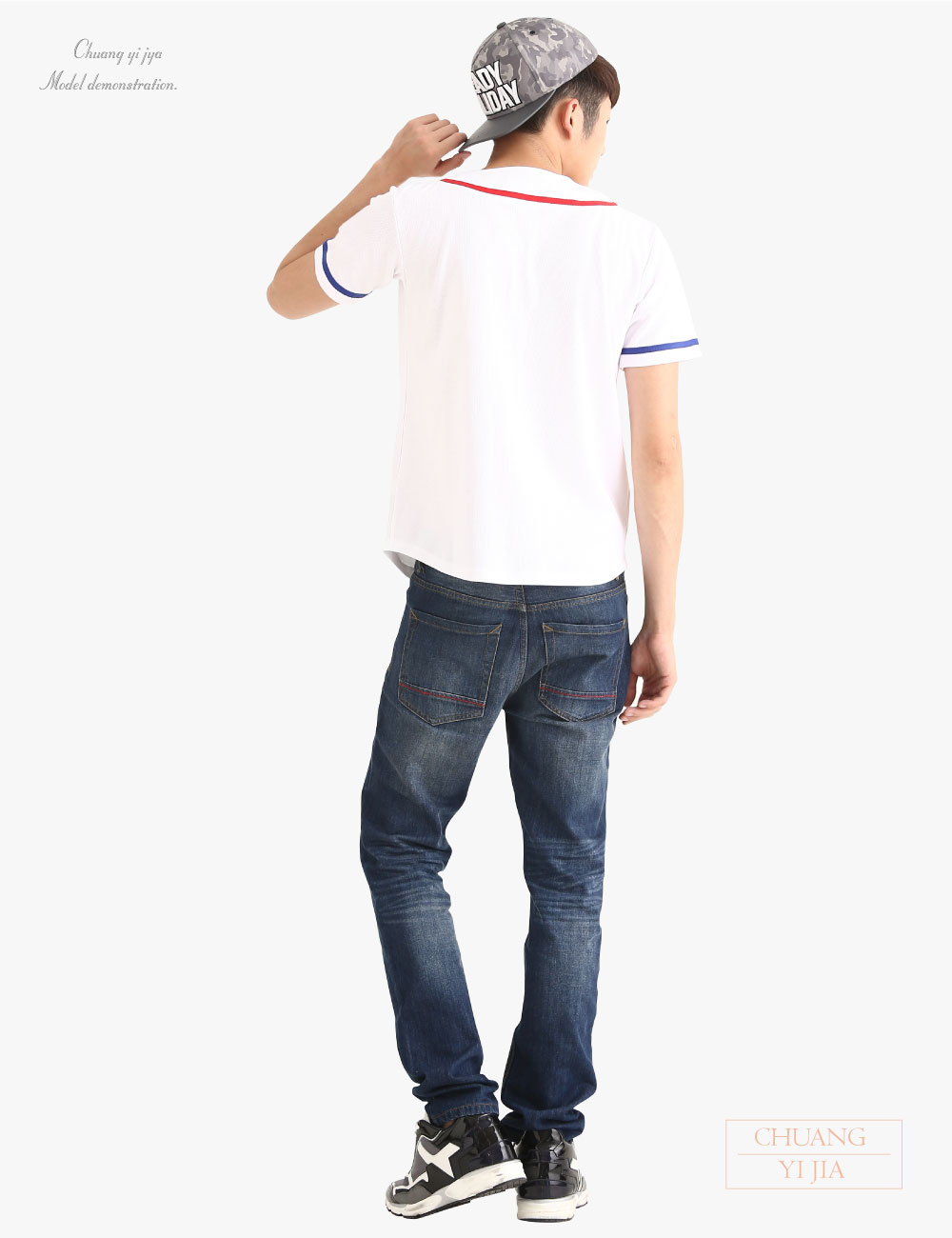 創e家團體服-棒球服訂製-白配寶藍紅  背面