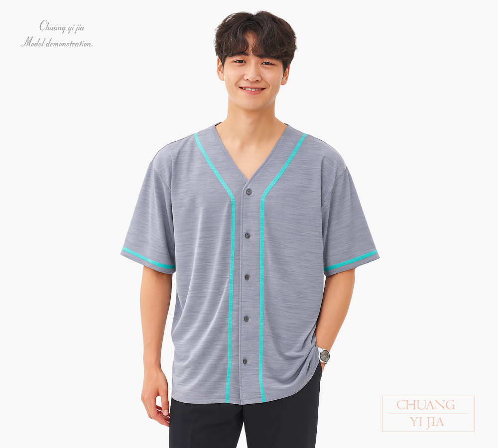 創e家團體服-棒球服訂製-條感灰  正面示意