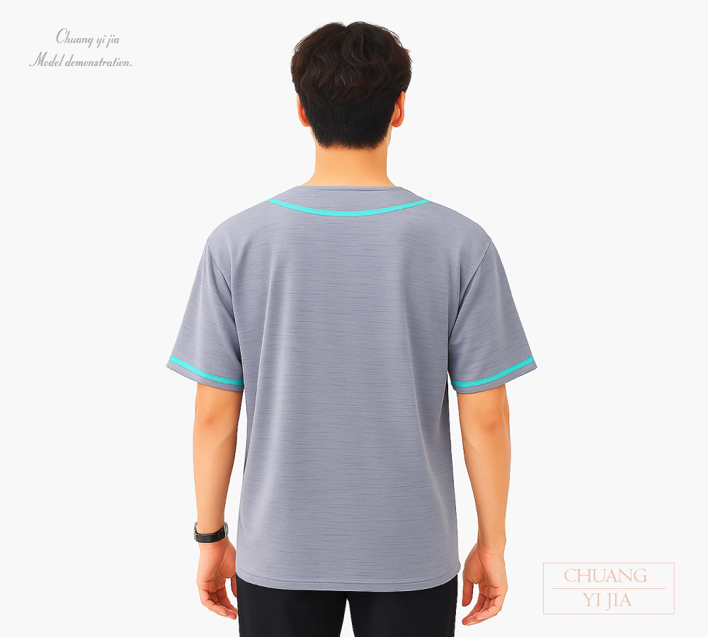 創e家團體服-棒球服訂製-條感灰  背面示意