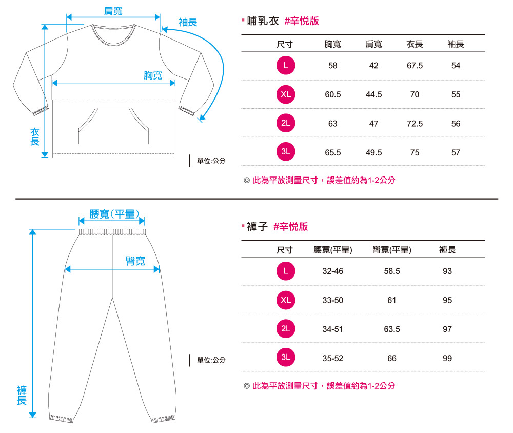 創e家團體服-哺乳衣-尺寸表