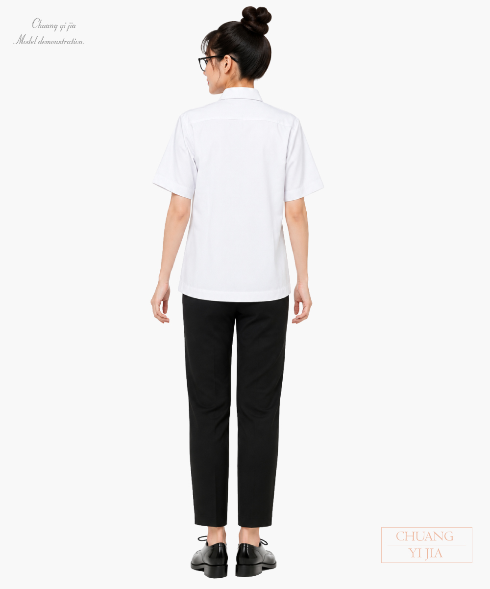創e家團體服-短袖廚師服｜雙排釦＋名牌環袋 白-背面示意
