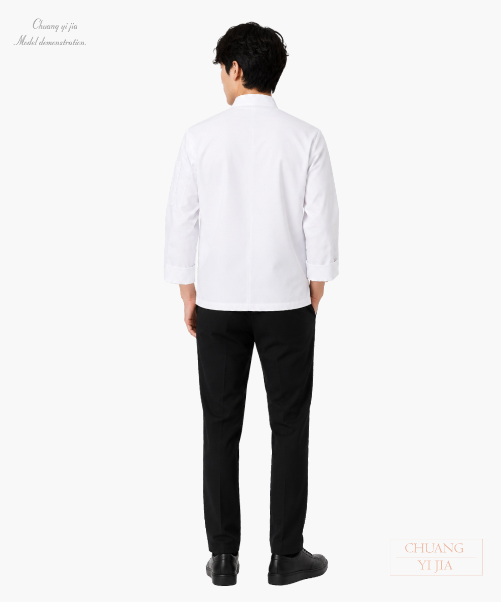 創e家團體服-九分袖廚師服|立領雙排釦-白色-背面全身示意