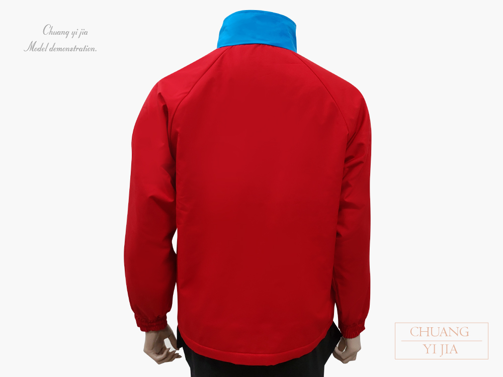 創e家團體服-立領防風外套訂製款-紅配翠藍-背面