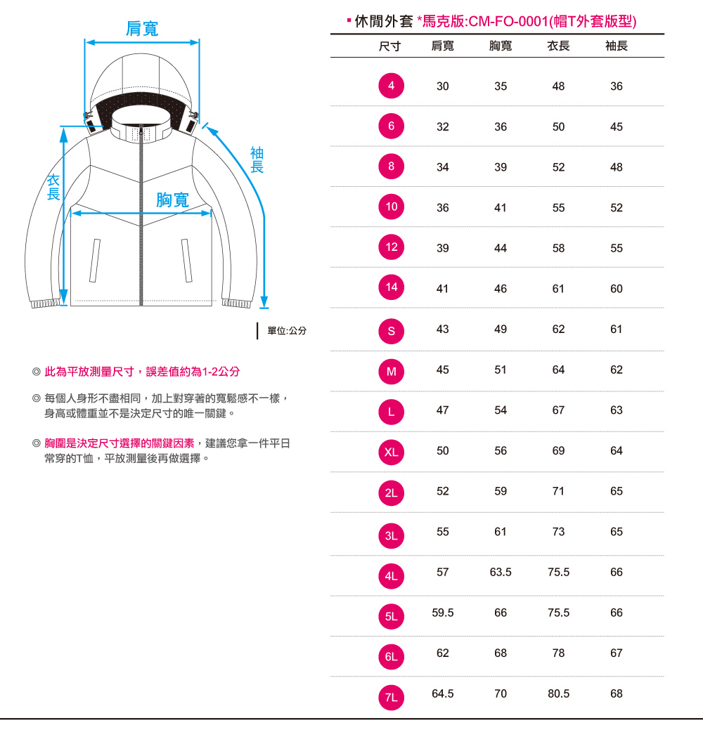 台灣創意家-訂製休閒外套 尺寸表