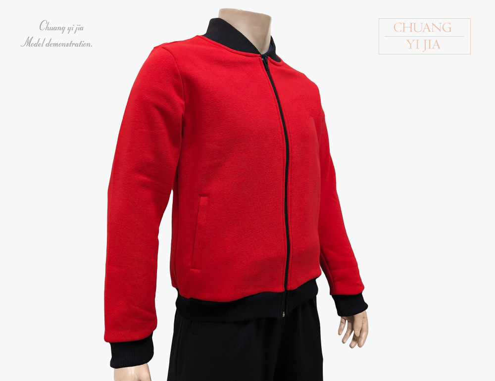 創e家團體服-棒球外套 訂製拉鍊款 紅配黑 側面