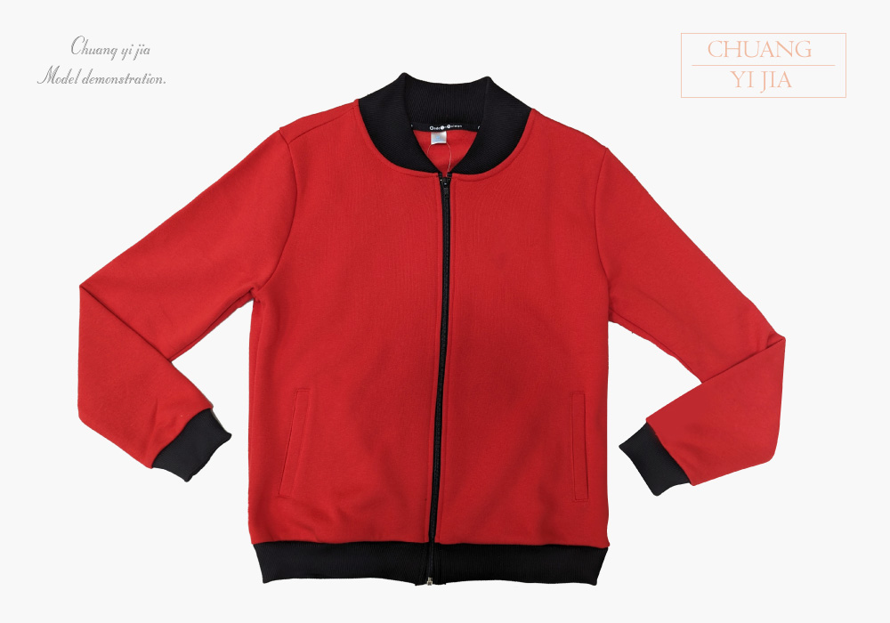 創e家團體服-棒球外套 訂製拉鍊款 紅配黑 正面平拍
