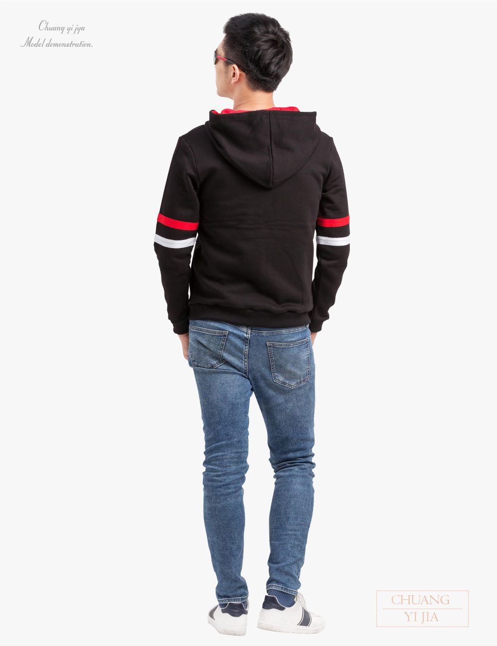 創e家團體服-帽T外套 訂製 雙線款 黑配白/紅-背面