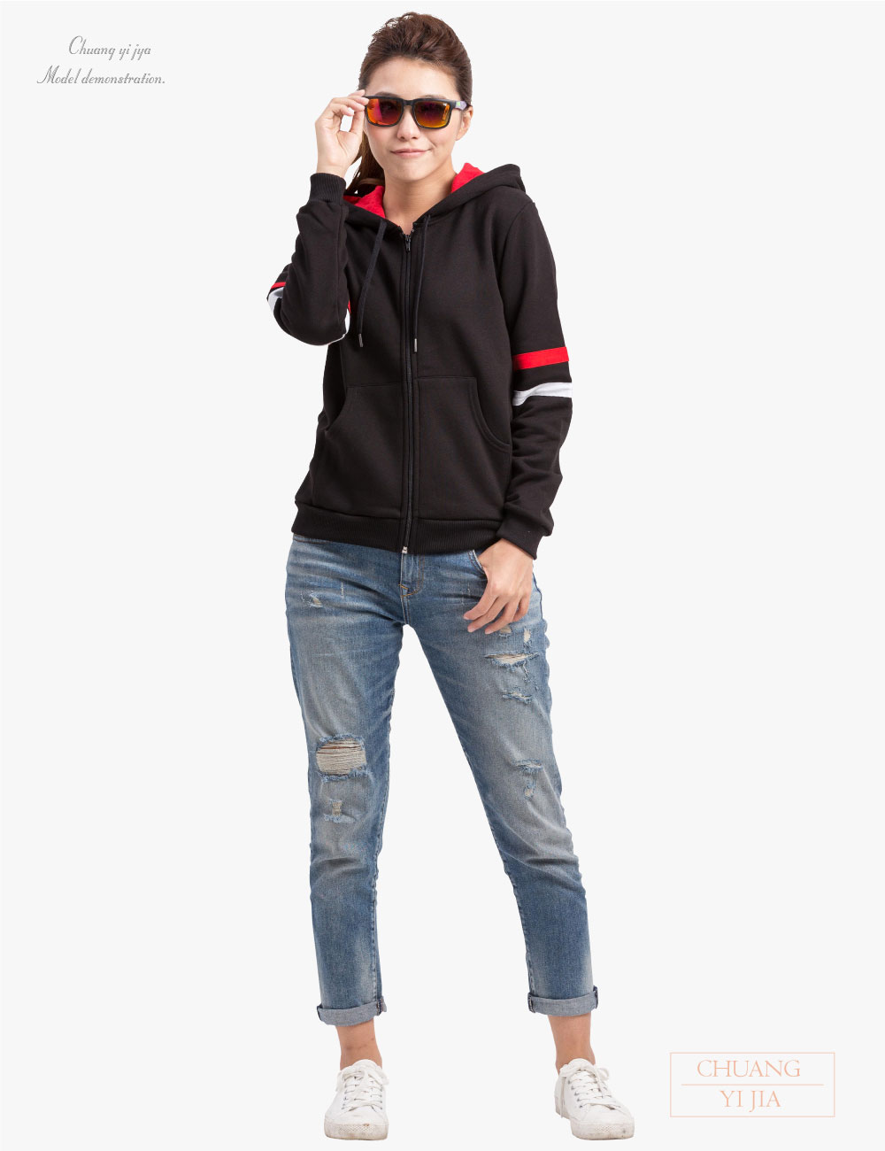 創e家團體服-帽T外套 訂製 雙線款 黑配白/紅-正面