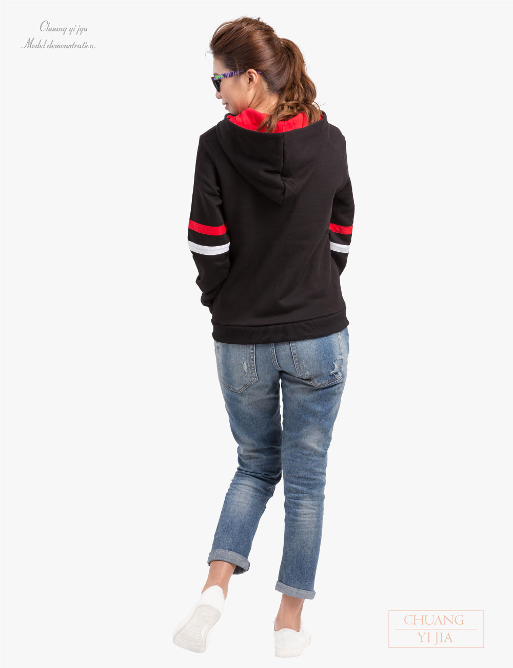 創e家團體服-帽T外套 訂製 雙線款 黑配白/紅-背面