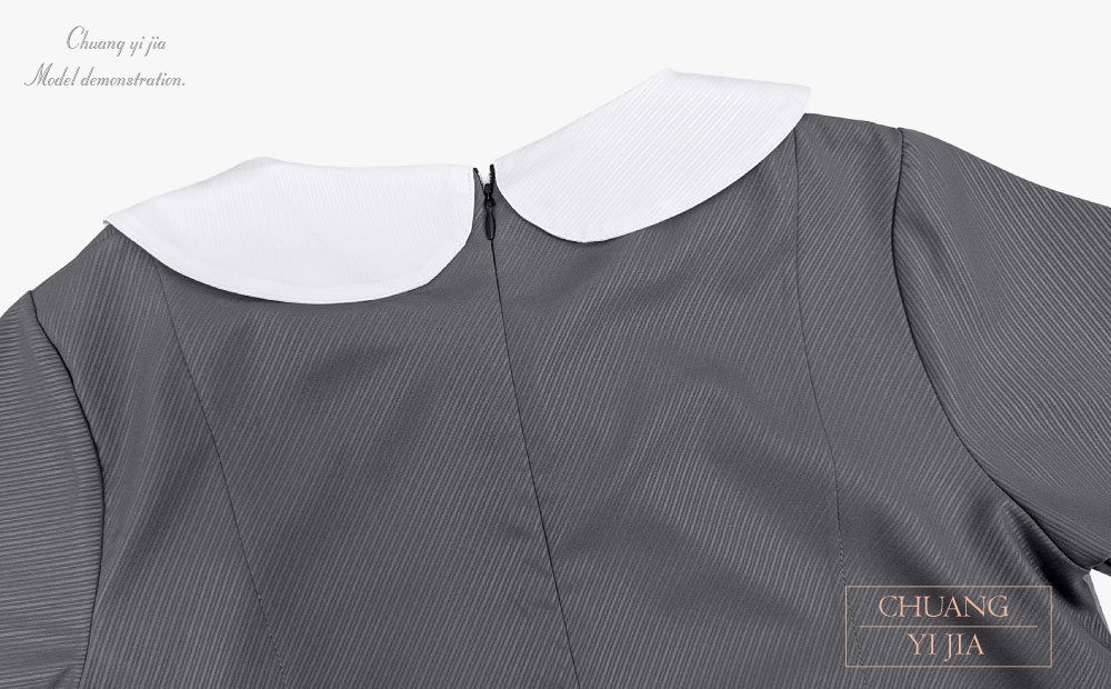 創e家團體服-短袖兒童洋裝 訂製拼接款 深灰配白綠 後領與拉鍊