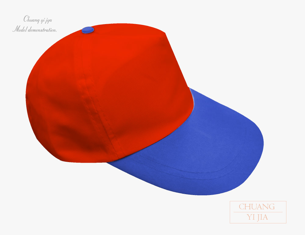 創e家團體服-五片帽訂製/烏利帽-紅配寶藍 側面