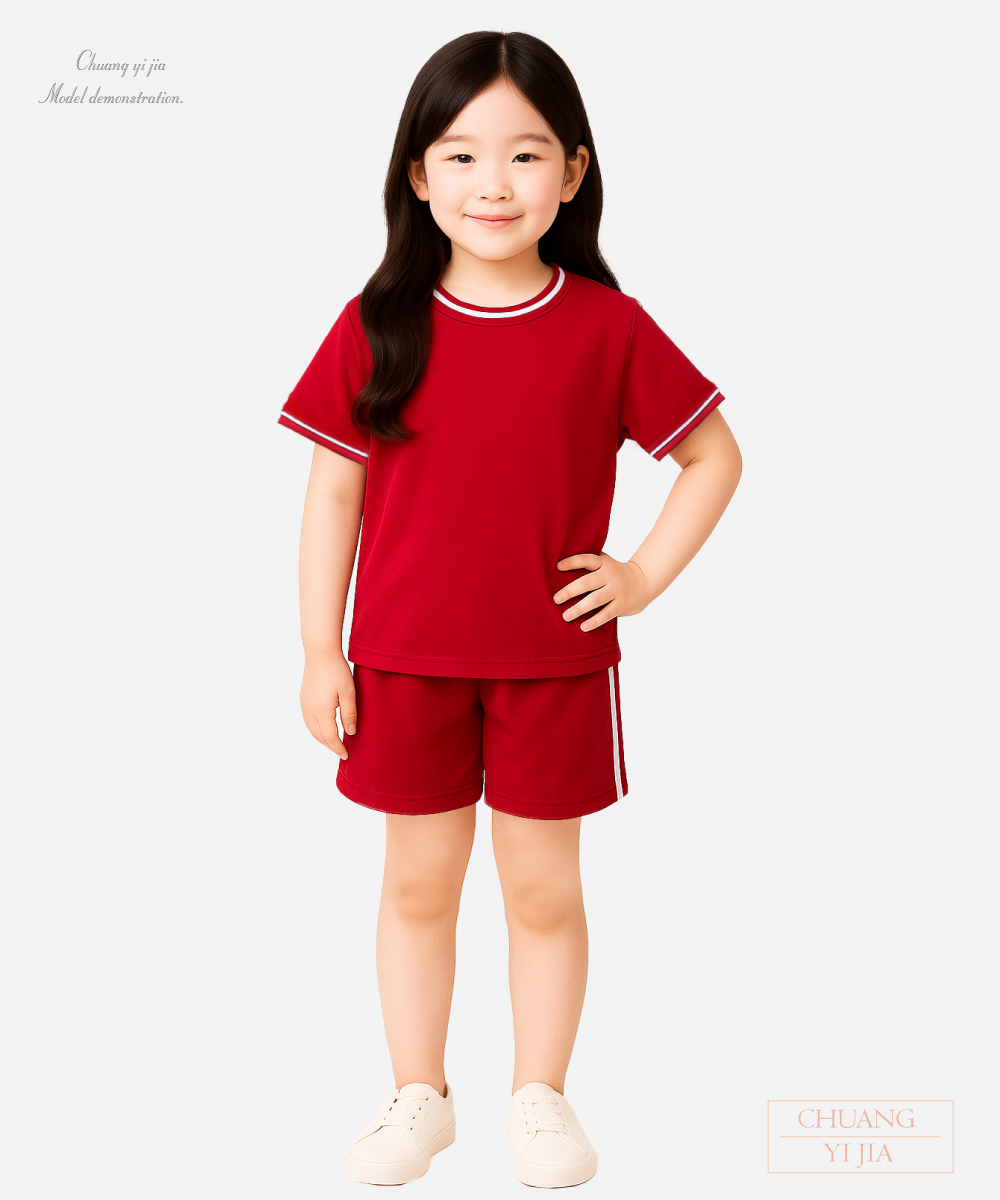創e家團體服-國小運動服-紅配白-正面