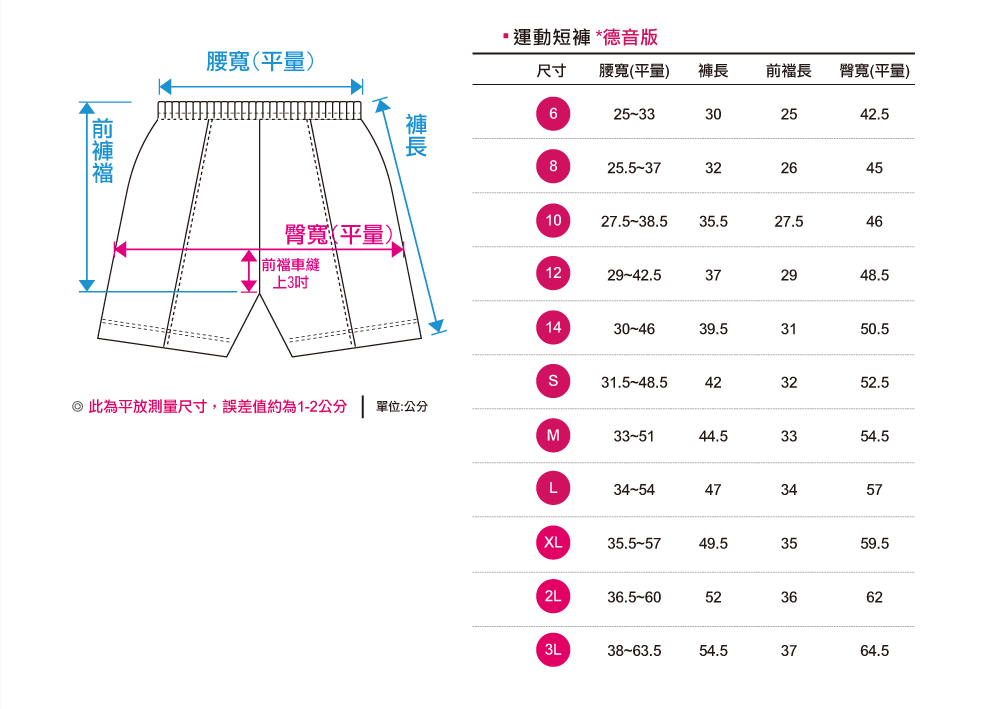 創e家團體服-運動短褲-尺寸表