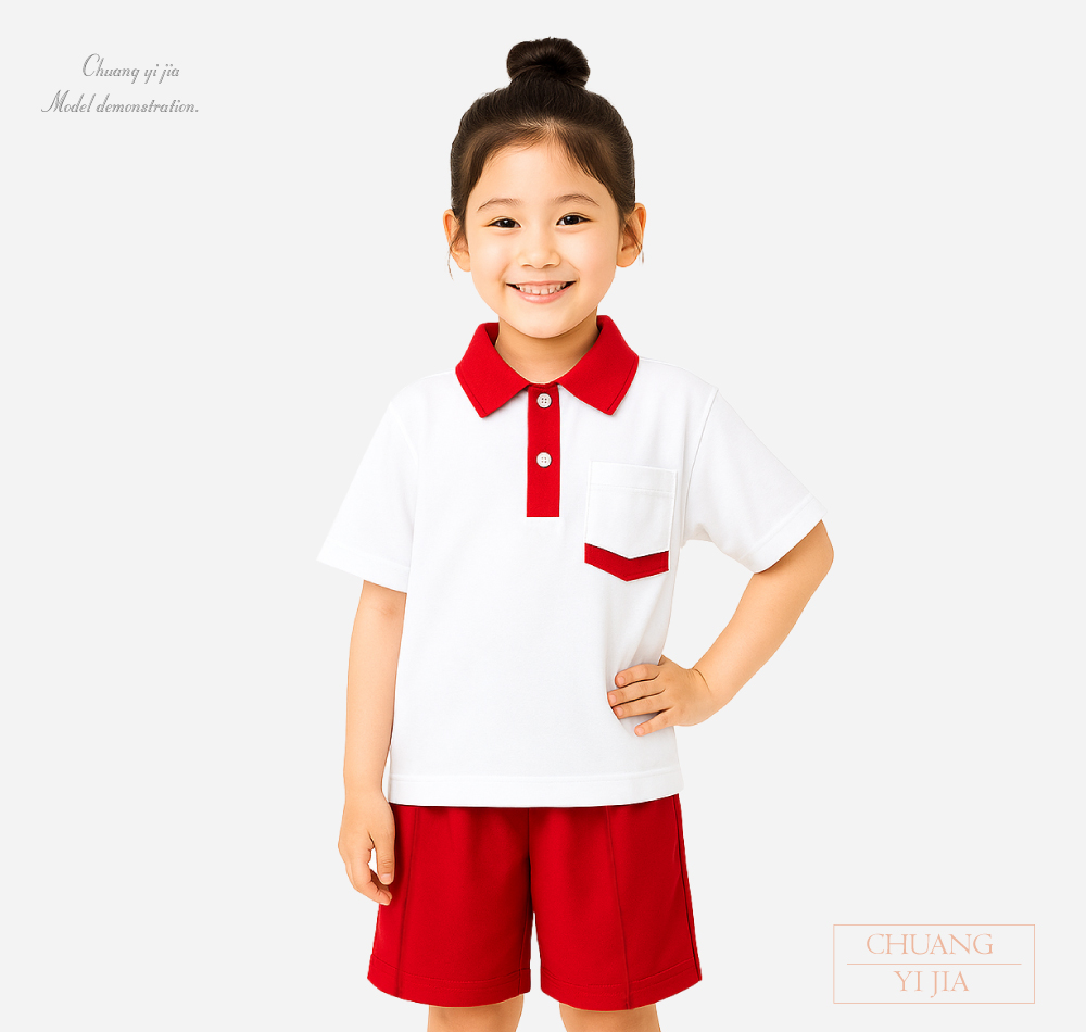 創e家團體服-夏季國小運動服-POLO衫白配紅 正面