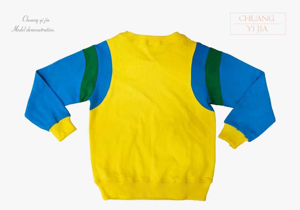 創e家團體服-長袖剪接袖運動套服 訂製 黃配翠藍綠 背面平拍
