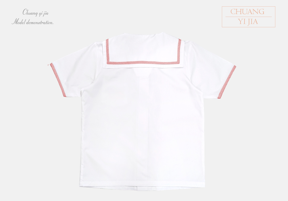 創e家團體服-校服制服短袖  白配紅 上衣背面平拍
