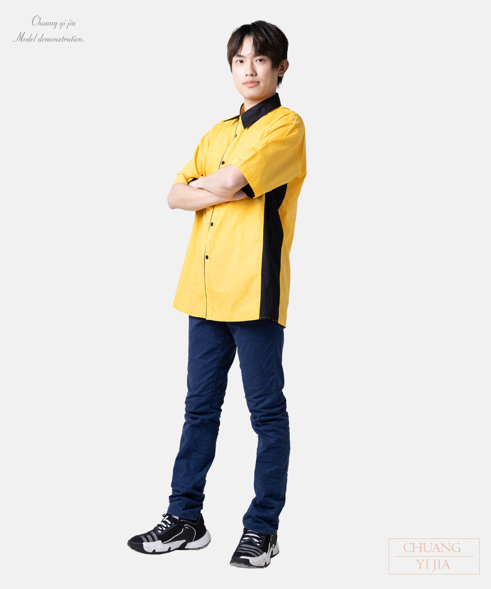 創e家團體服-經理服短袖訂製款-黃配黑 側面