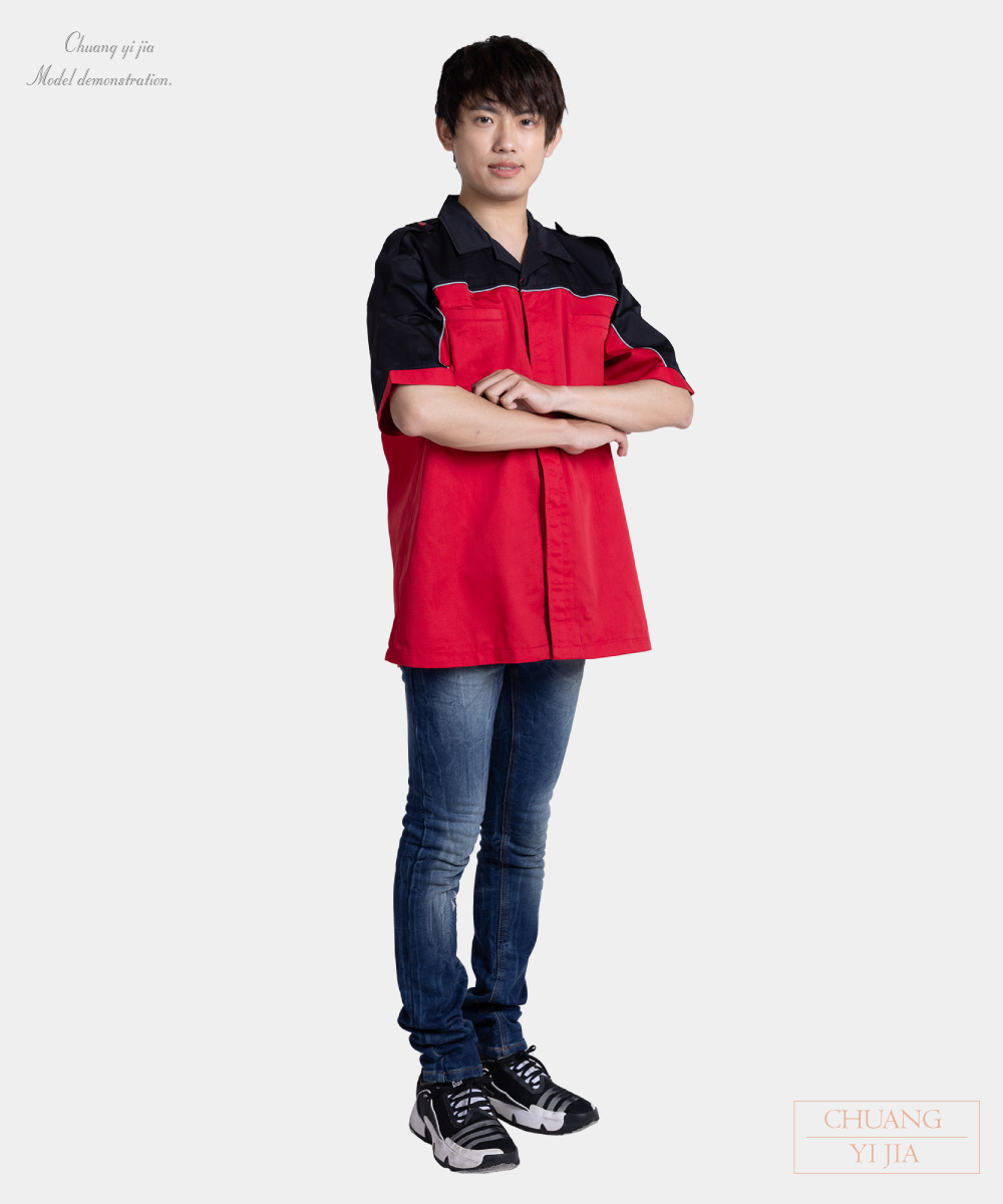 創e家團體服-經理服短袖訂製款-紅配黑 側面