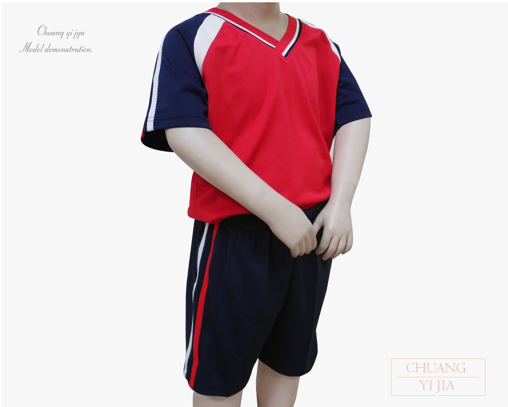 創e家團體服-T恤訂製幼兒園T童版-紅丈青白-側面
