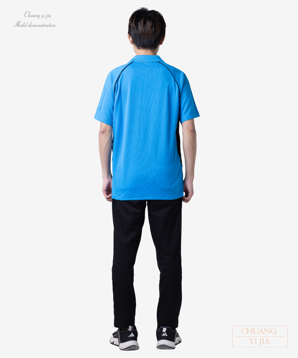 創意家團體服-POLO衫-製款-V+領-短袖-中性-流線剪接-翠藍配白黑 背面