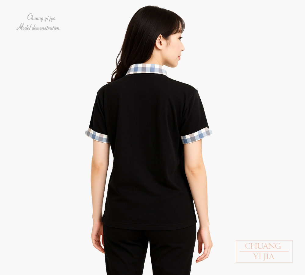 創意家團體服-POLO衫訂製款｜有口袋假兩件｜加筆插腰身-黑/格紋-背面示意
