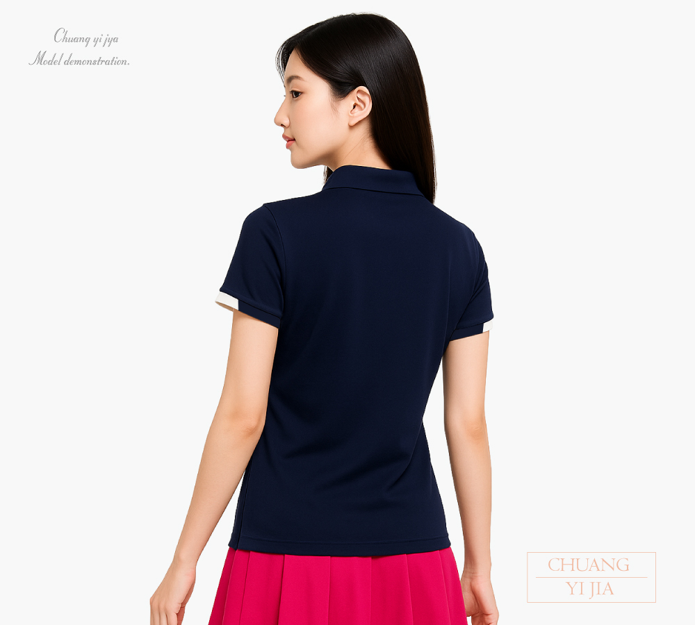 創意家團體服-POLO 訂製｜短袖 中性版修腰身｜丈青配白-背面示意