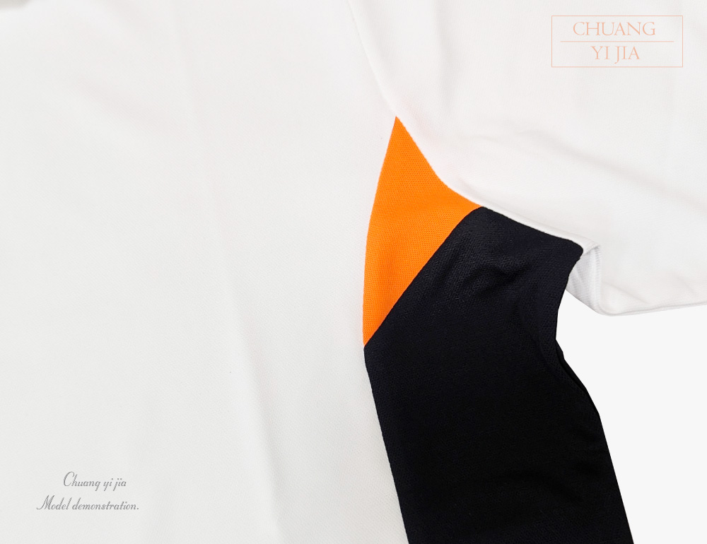 創e家團體服-POLO衫長袖訂製-腰側前後剪接-白配桔黑 側邊剪接