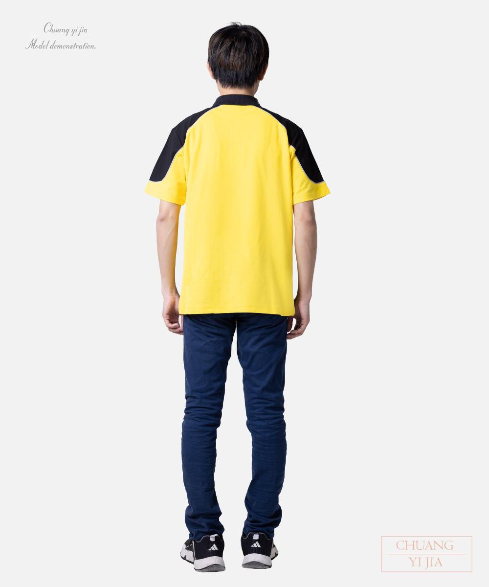 創e家團體服-POLO衫短袖訂製-肩膀腰側剪接出芽-黃配黑灰 背面